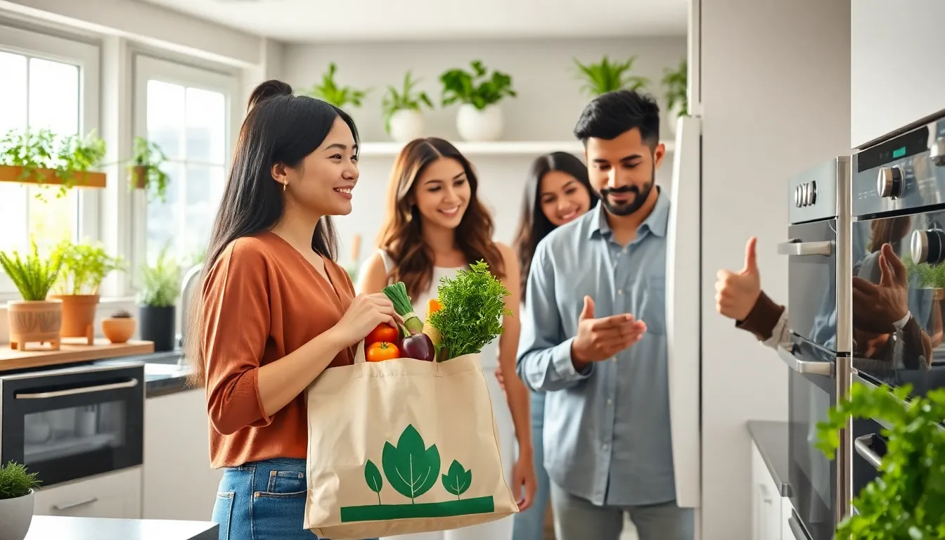 diverse people discussing sustainable living in a modern kitchen.