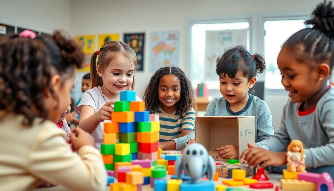 children playing in a vibrant classroom, showcasing different stages of play.