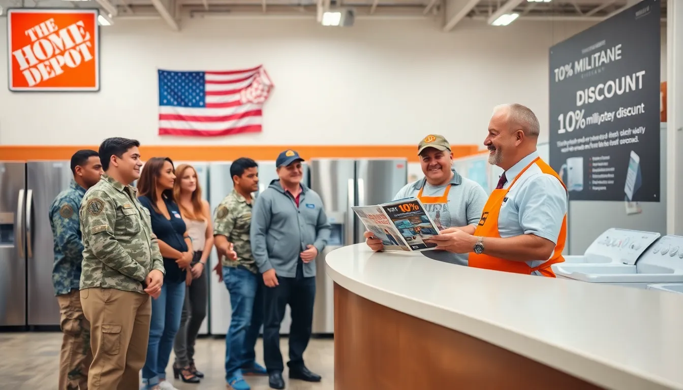 Service members discussing appliance discounts with a Home Depot employee.