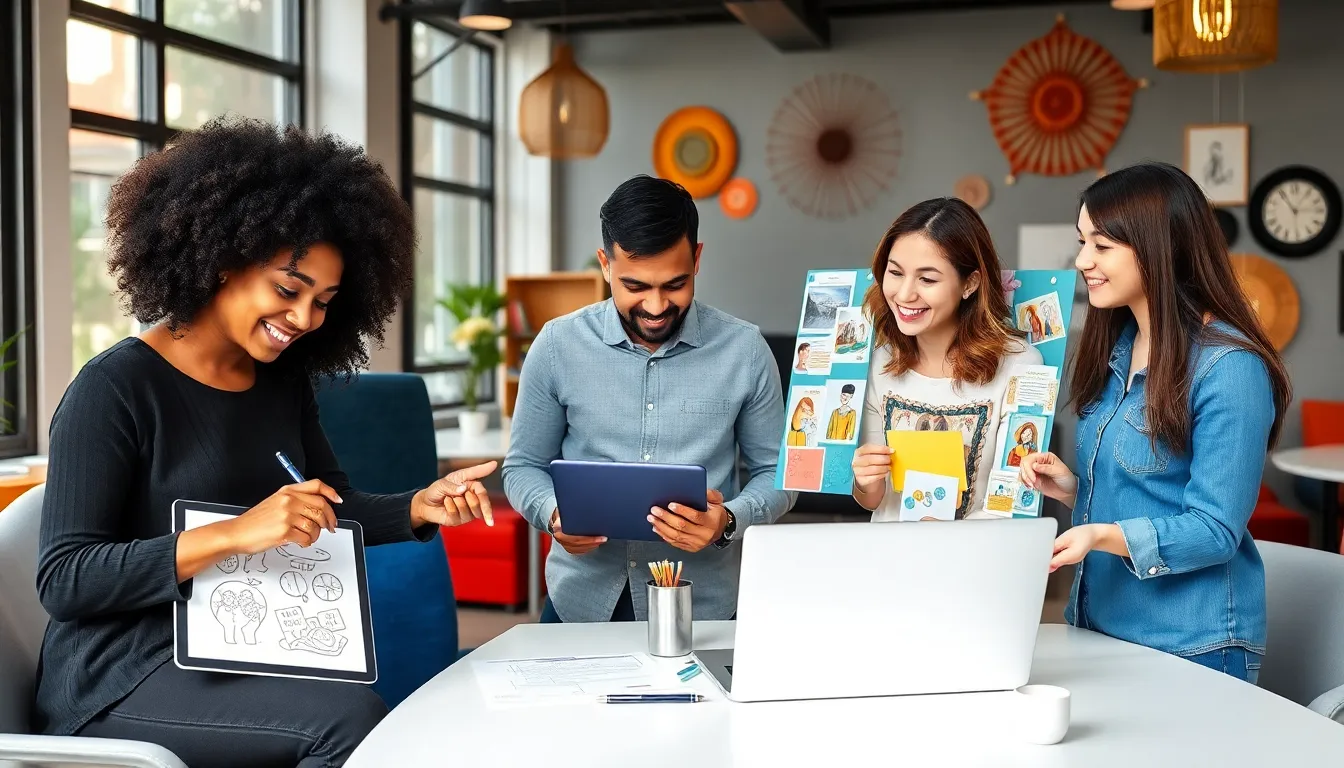 diverse professionals collaborating in a creative workspace.
