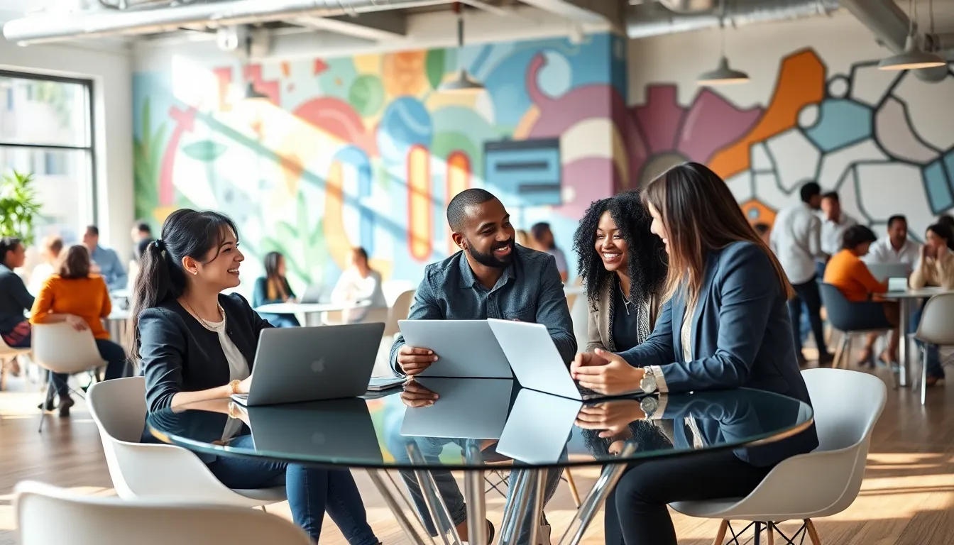 diverse individuals collaborating in a modern co-working space.