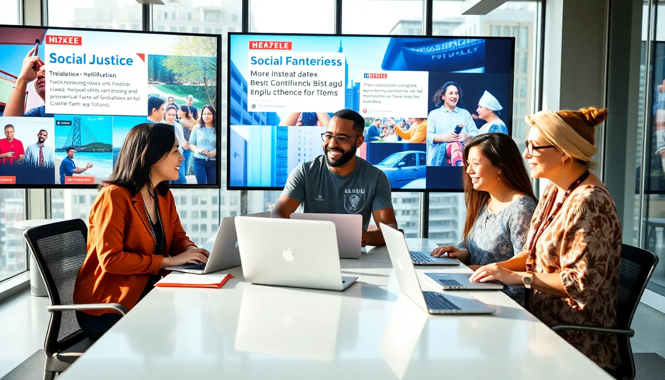 three diverse content creators collaborating in a vibrant digital workspace.