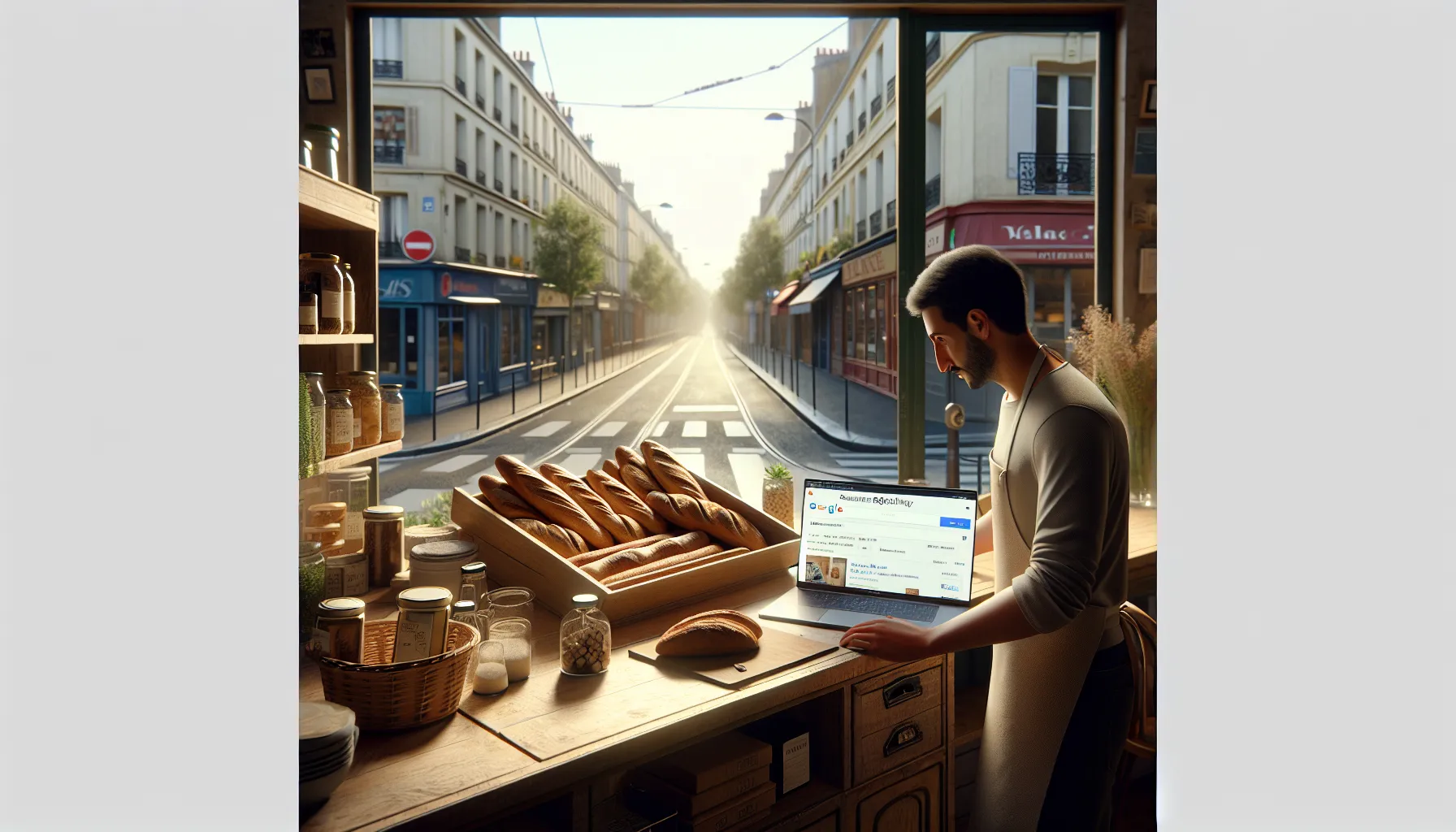 Local shop owner in Bobigny checking Google search visibility on a laptop.