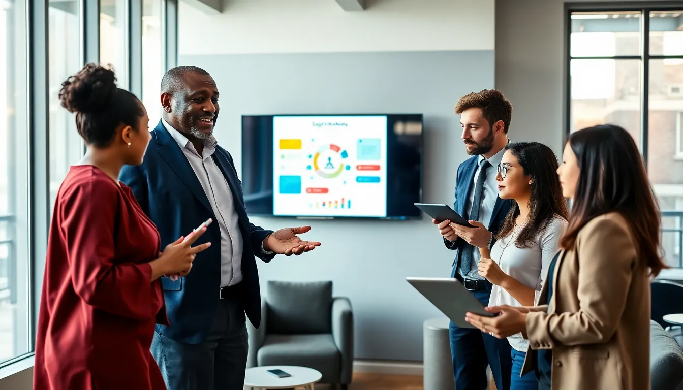 a diverse team discussing digital marketing insights in a modern office.