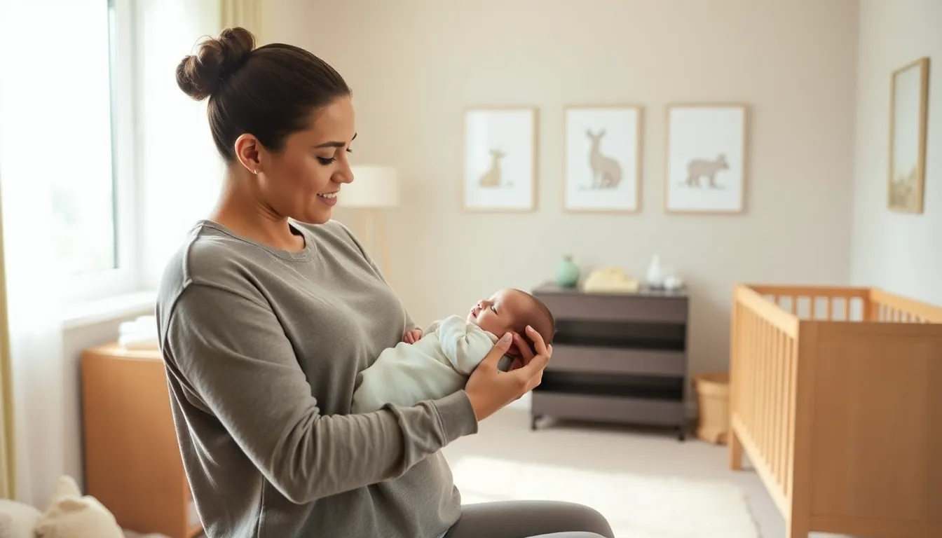a parent cradling a newborn in a cozy nursery.
