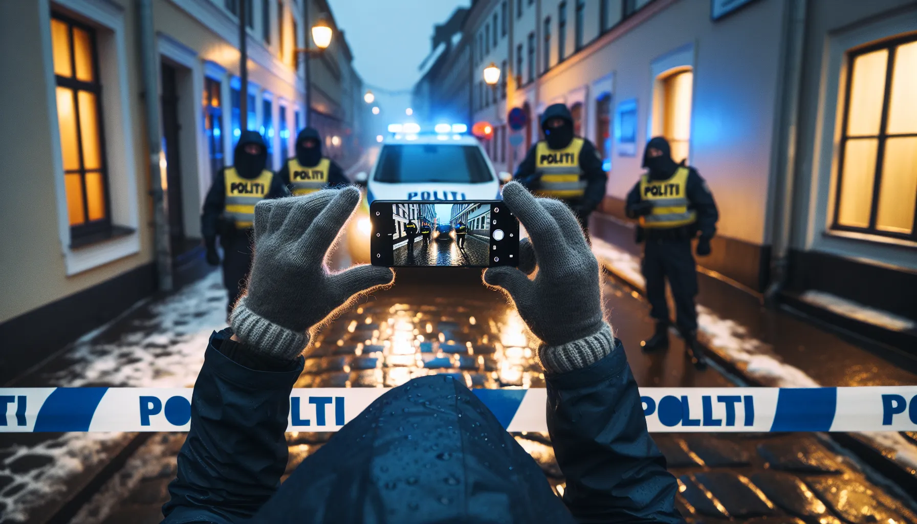 Person filming norwegian police behind tape on a public street.