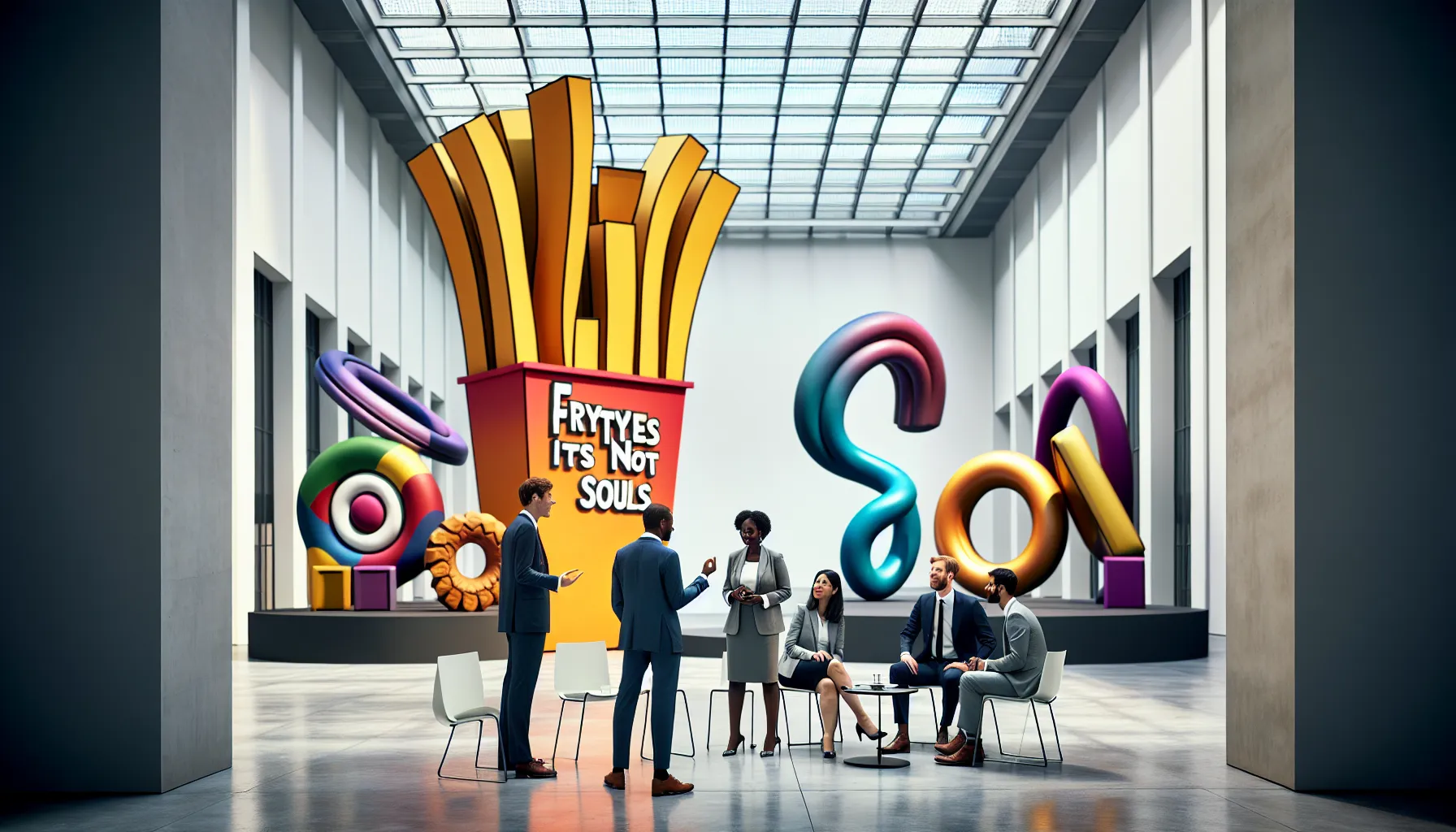 diverse professionals discussing art in a modern gallery.