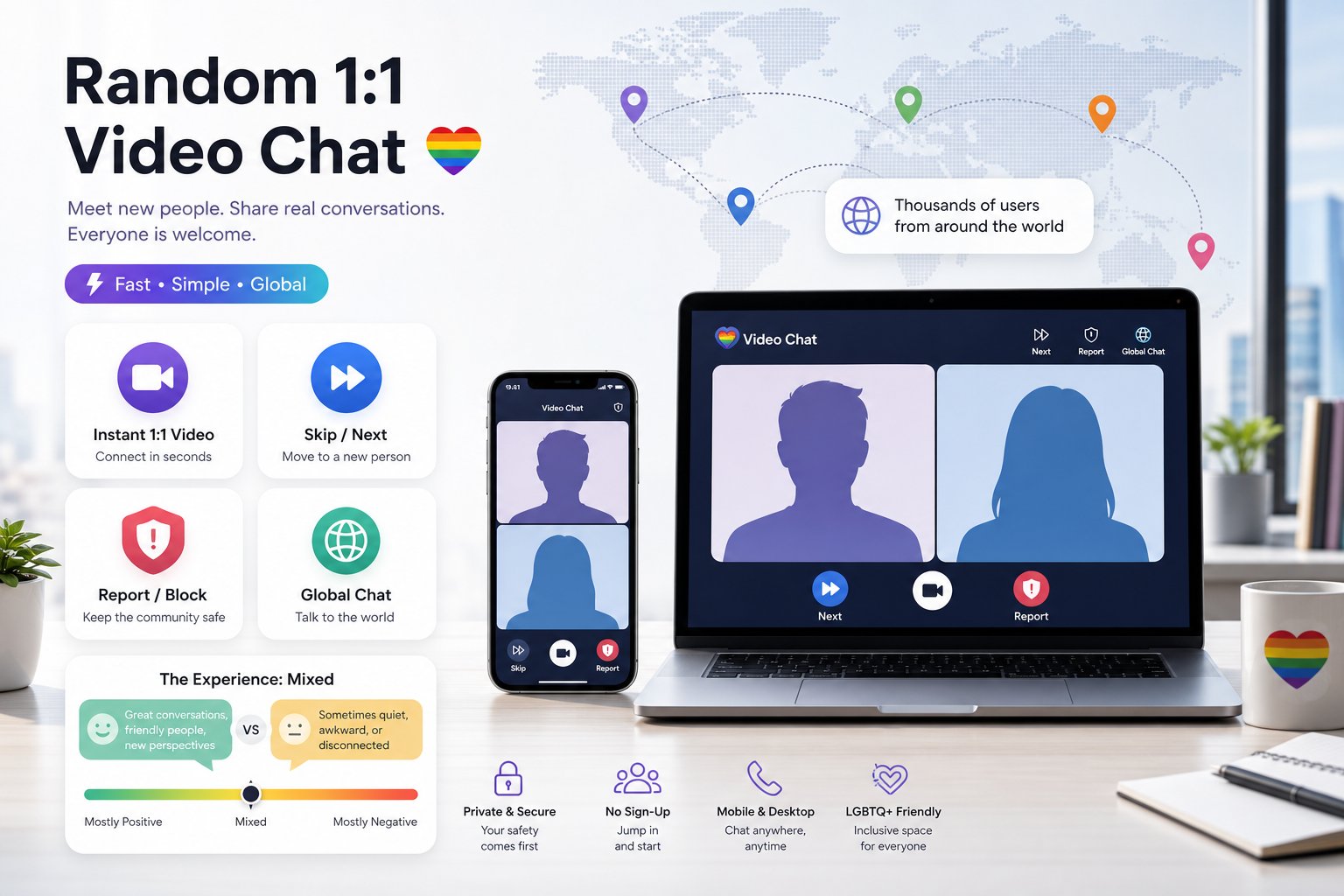 Minimal infographic showing instant LGBTQ+ video chat features and basic controls.
