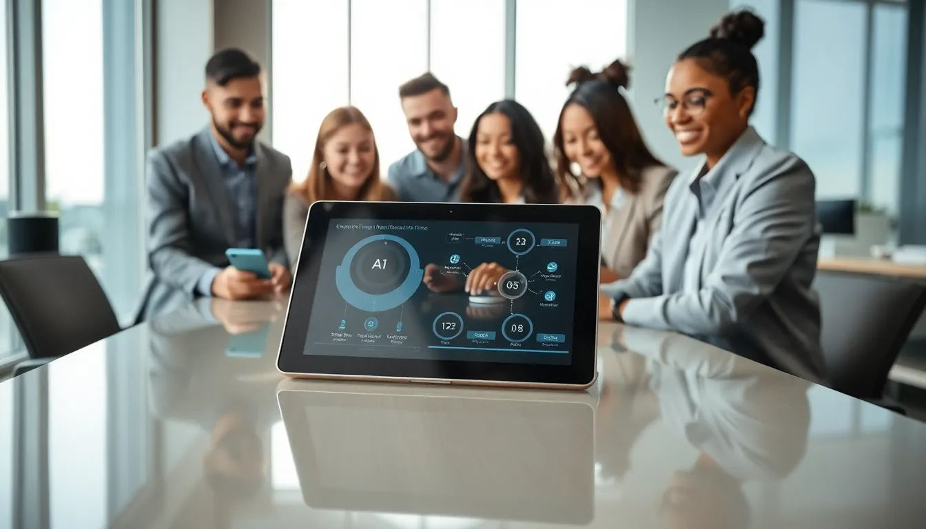 diverse professionals collaborating with high tech devices in a modern office.
