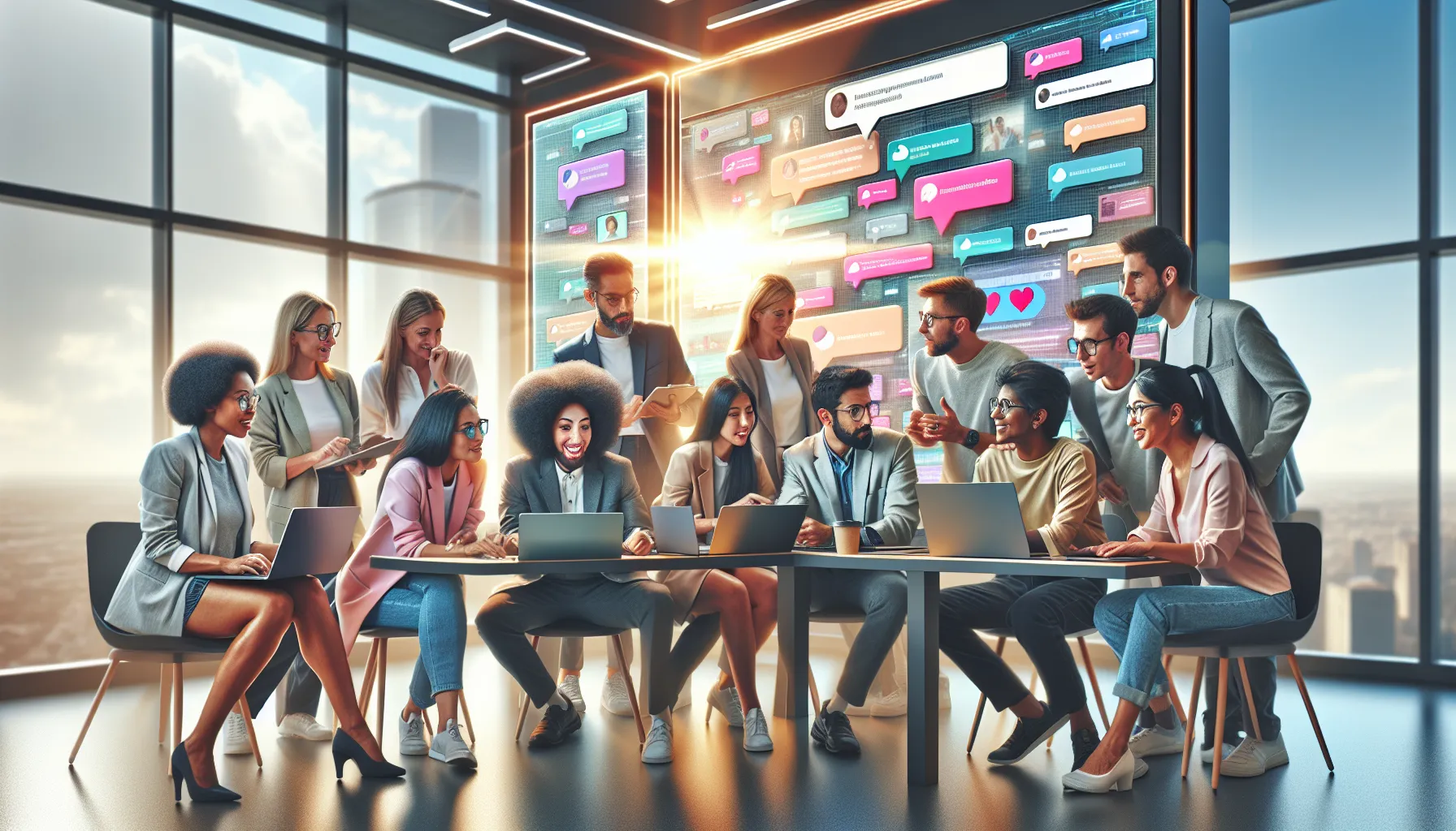 diverse team engaging in lively discussion in a modern office.