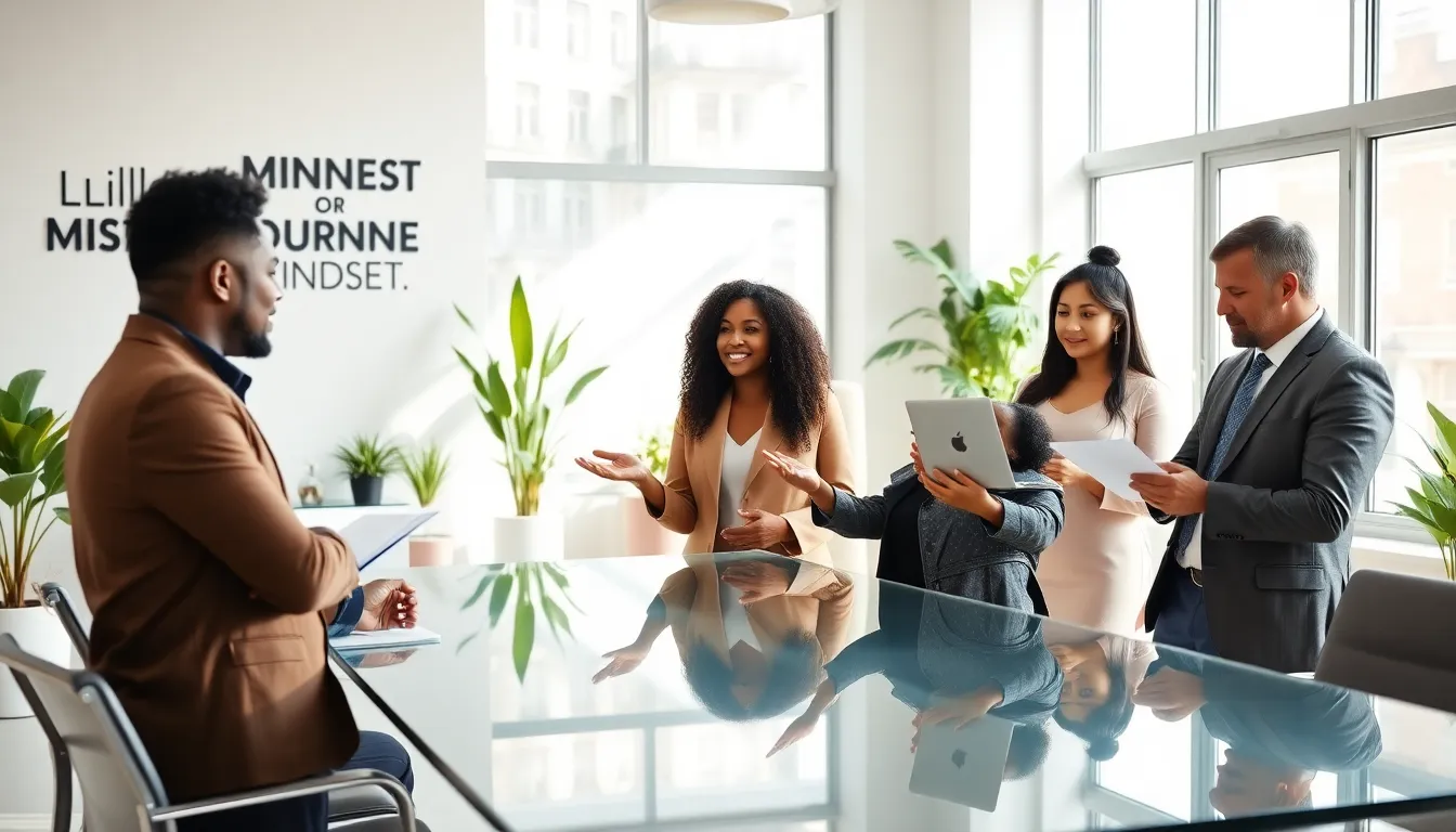 diverse professionals discussing the millionaire mindset in a modern office.