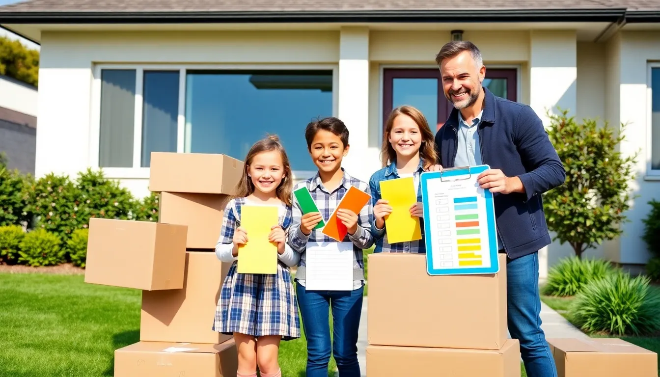family joyfully preparing for moving day in front of their home.