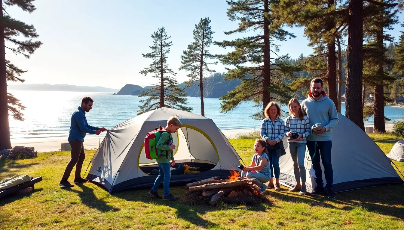 family camping scene near a serene lake with kids and parents.
