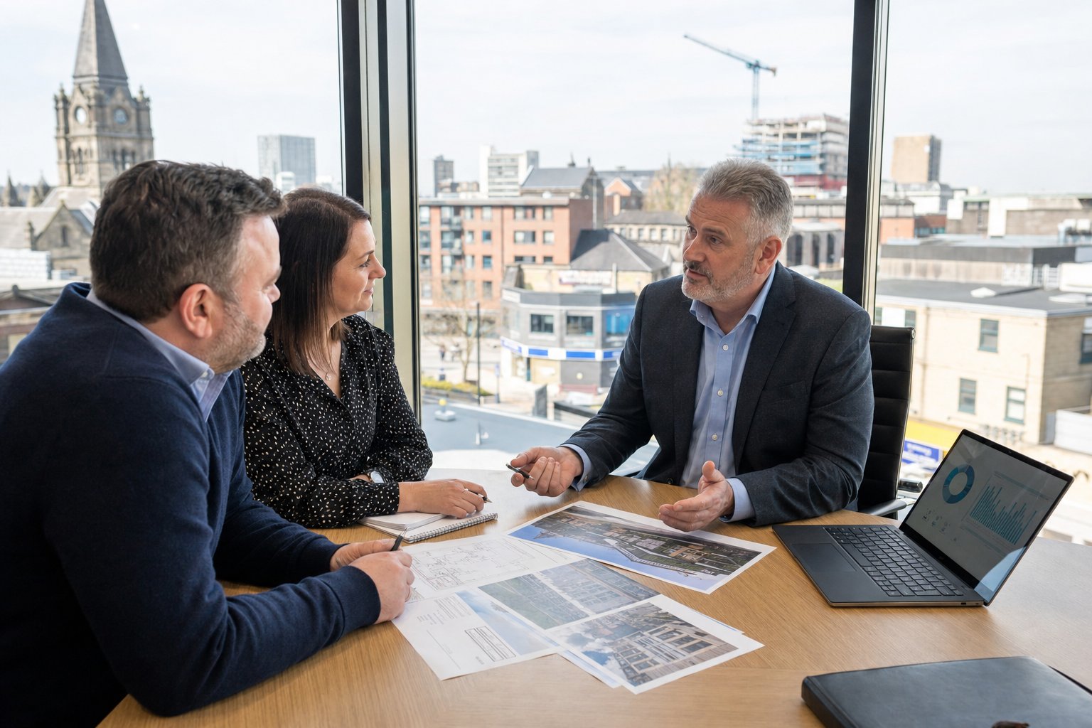 Professional commercial mortgage advisor meeting with business clients in a modern office, reviewing property plans and finance materials with a local town backdrop.