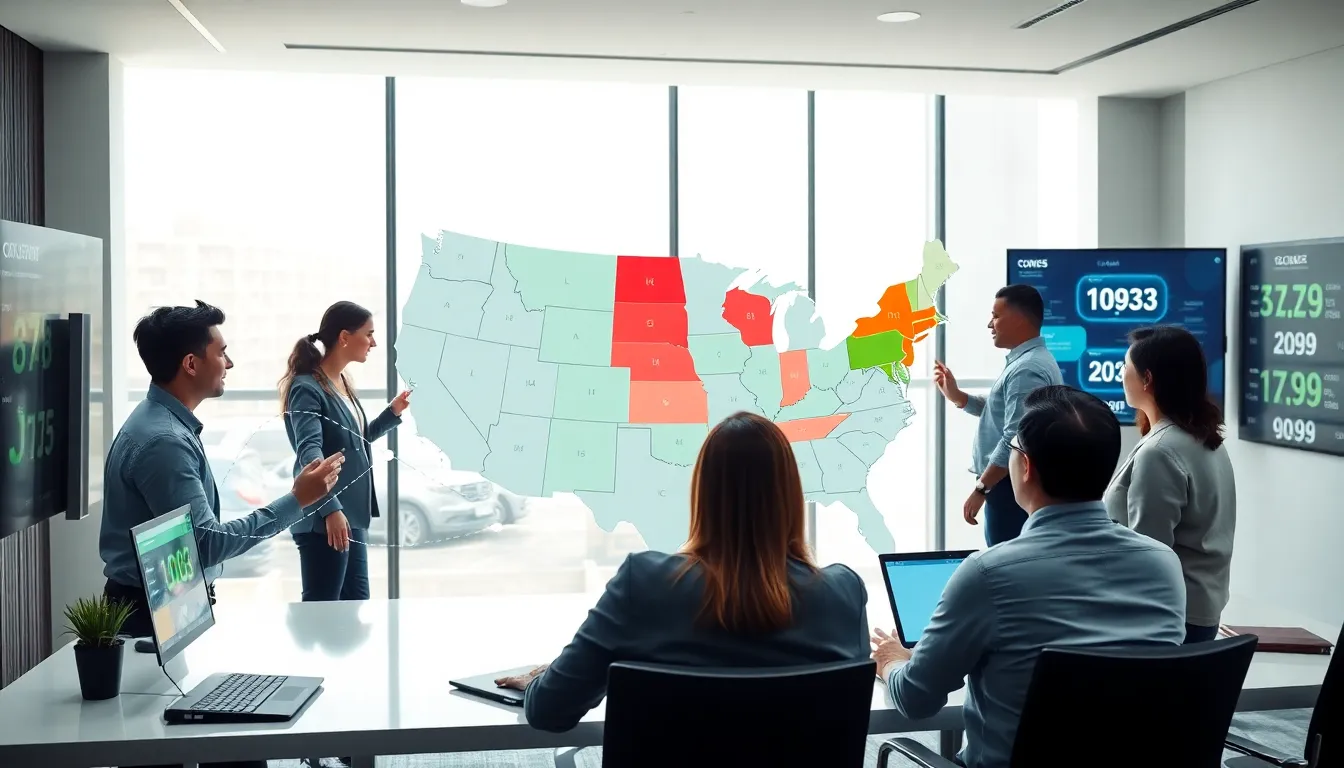 professionals discussing area codes in a modern conference room.