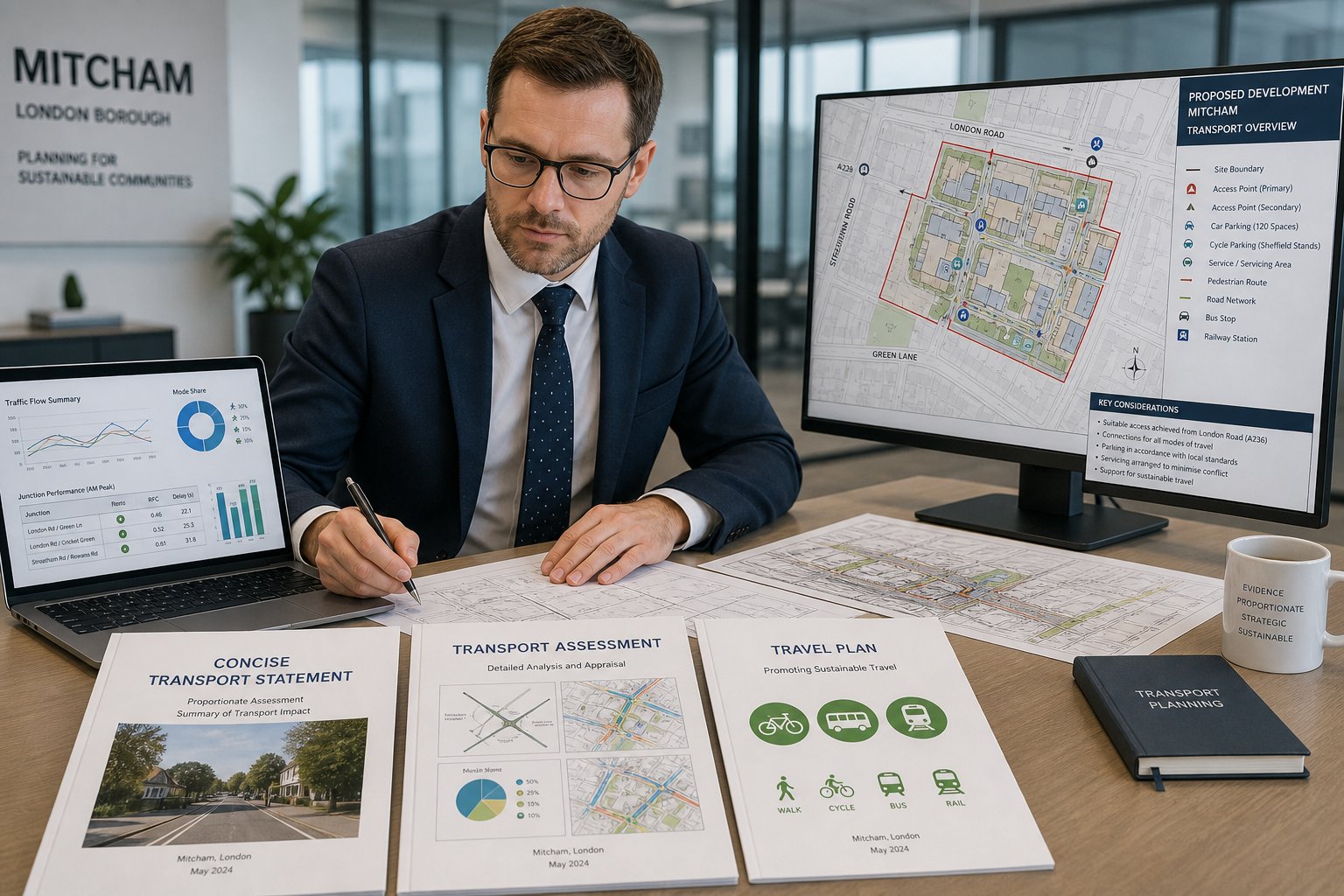 Traffic engineer reviewing transport reports and travel planning documents in a modern office.
