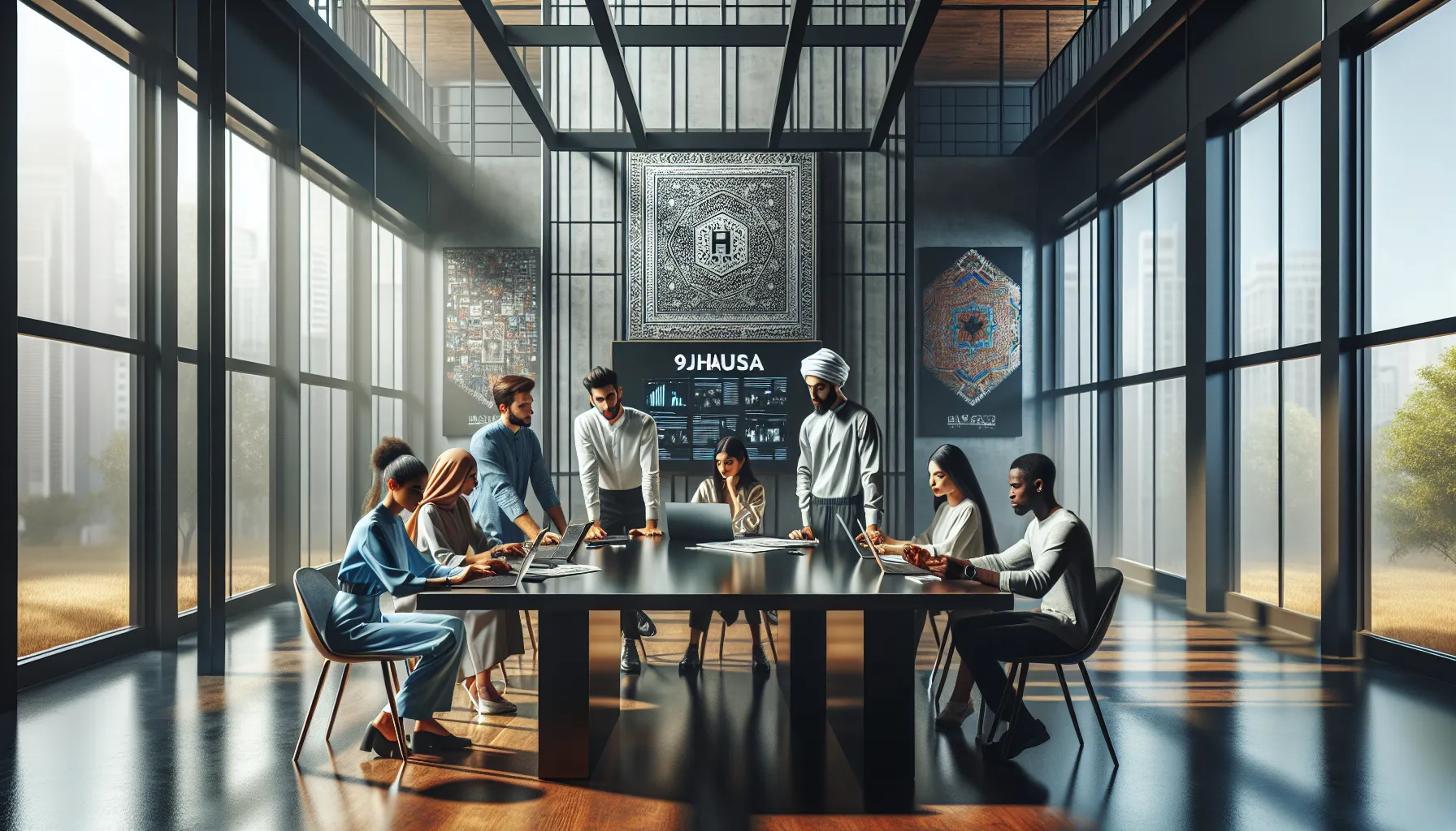 diverse team discussing along a conference table in a bright office.