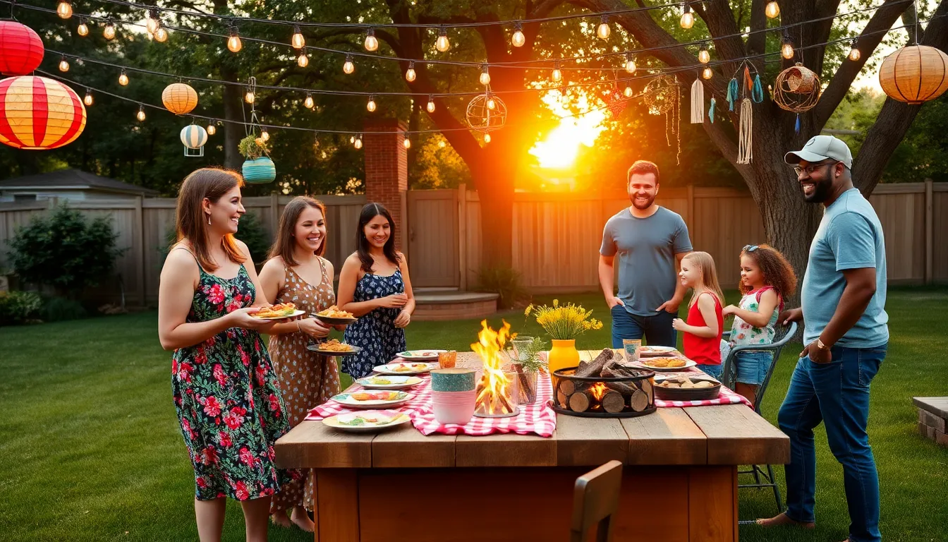 A lively backyard celebration with diverse people enjoying a thrifty event.