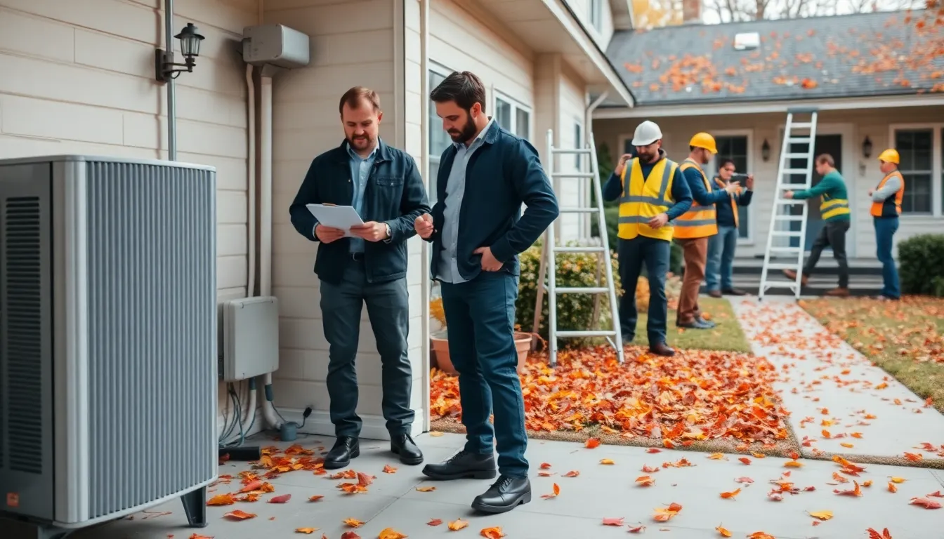 professionals inspecting heating systems and cleaning gutters in autumn.