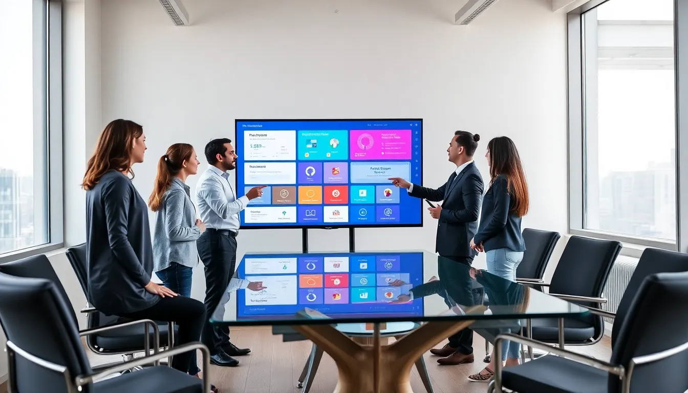 diverse team collaborating around WebBizMagnet software in a modern office.