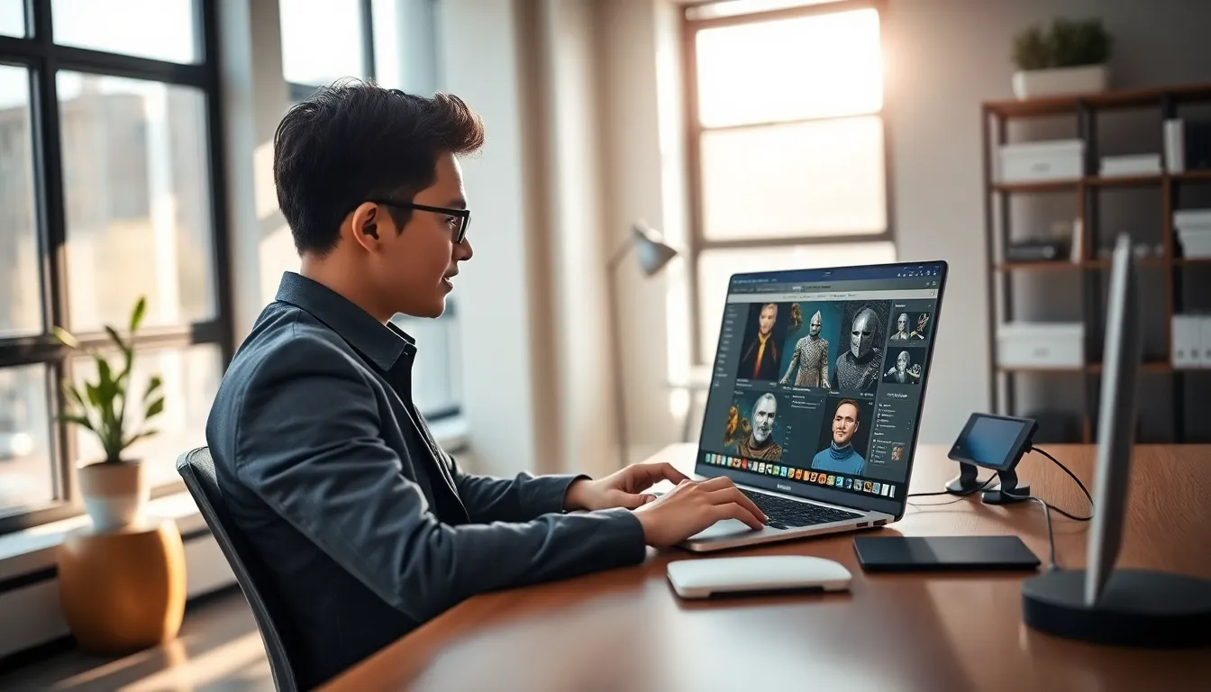 a professional using CK2Generator for character creation in a modern office.