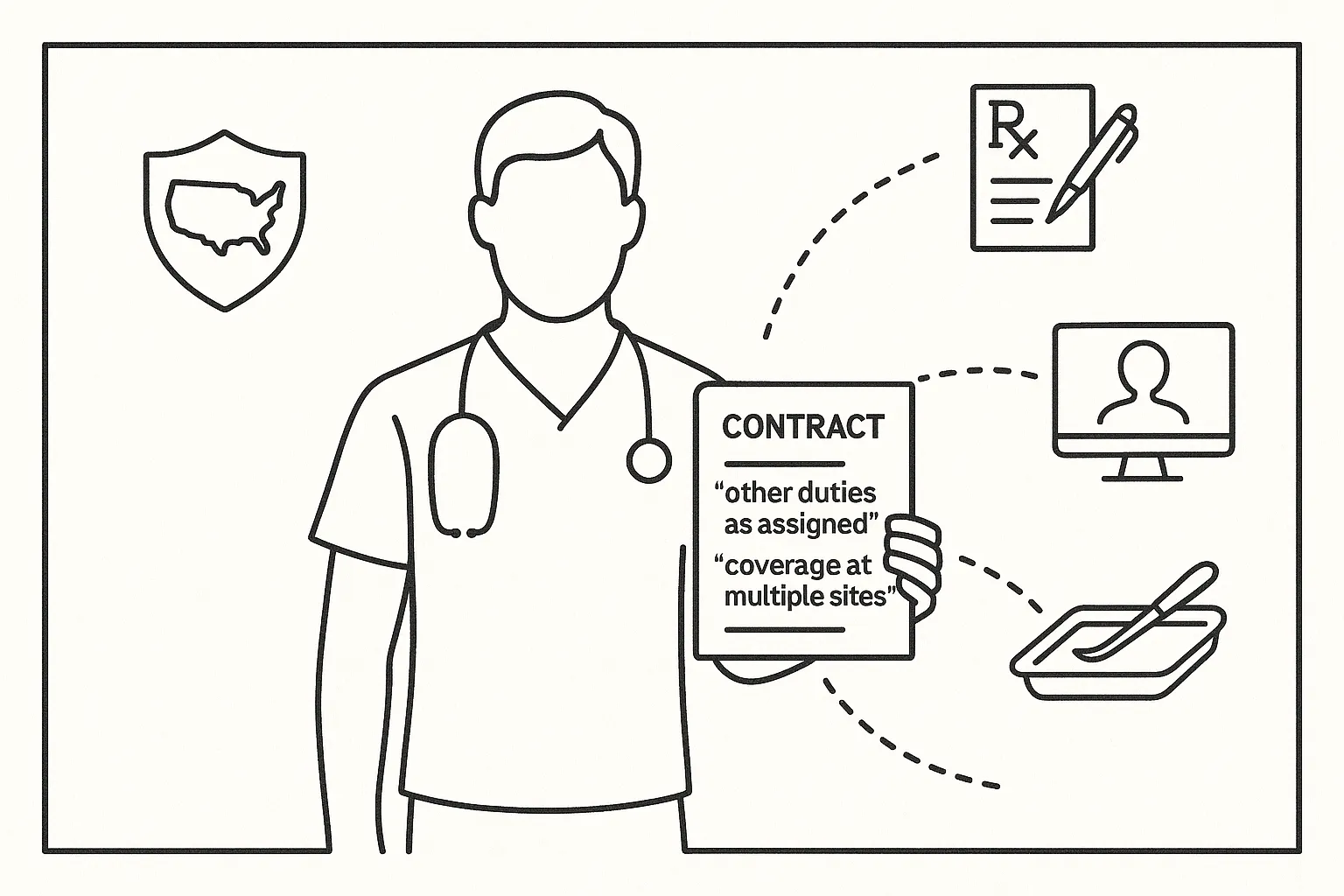 Line art of a physician assistant with a contract and expanding duty icons