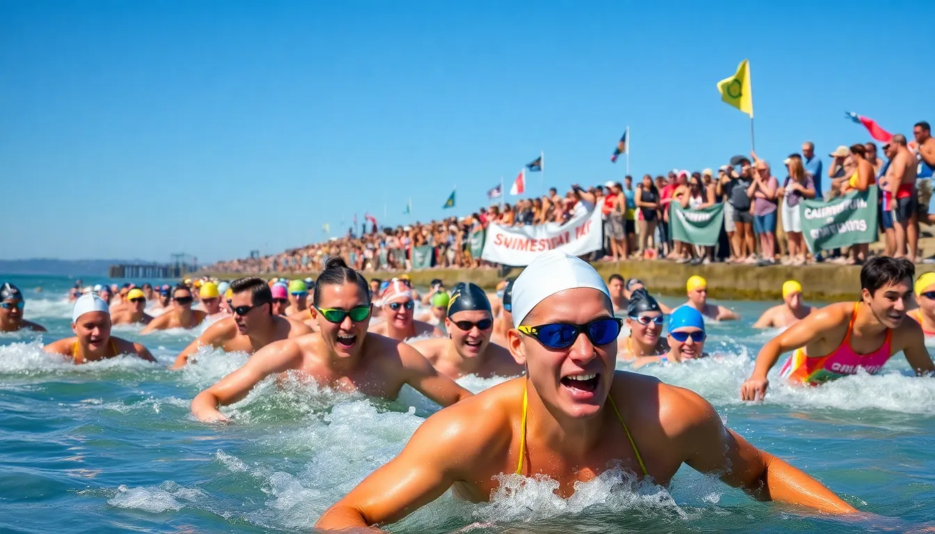 Diverse athletes competing in The Channel Race with cheering spectators.