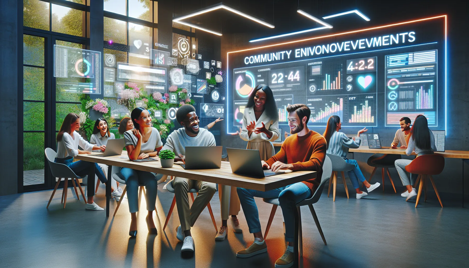 diverse group discussing community engagement around laptops in a modern office.
