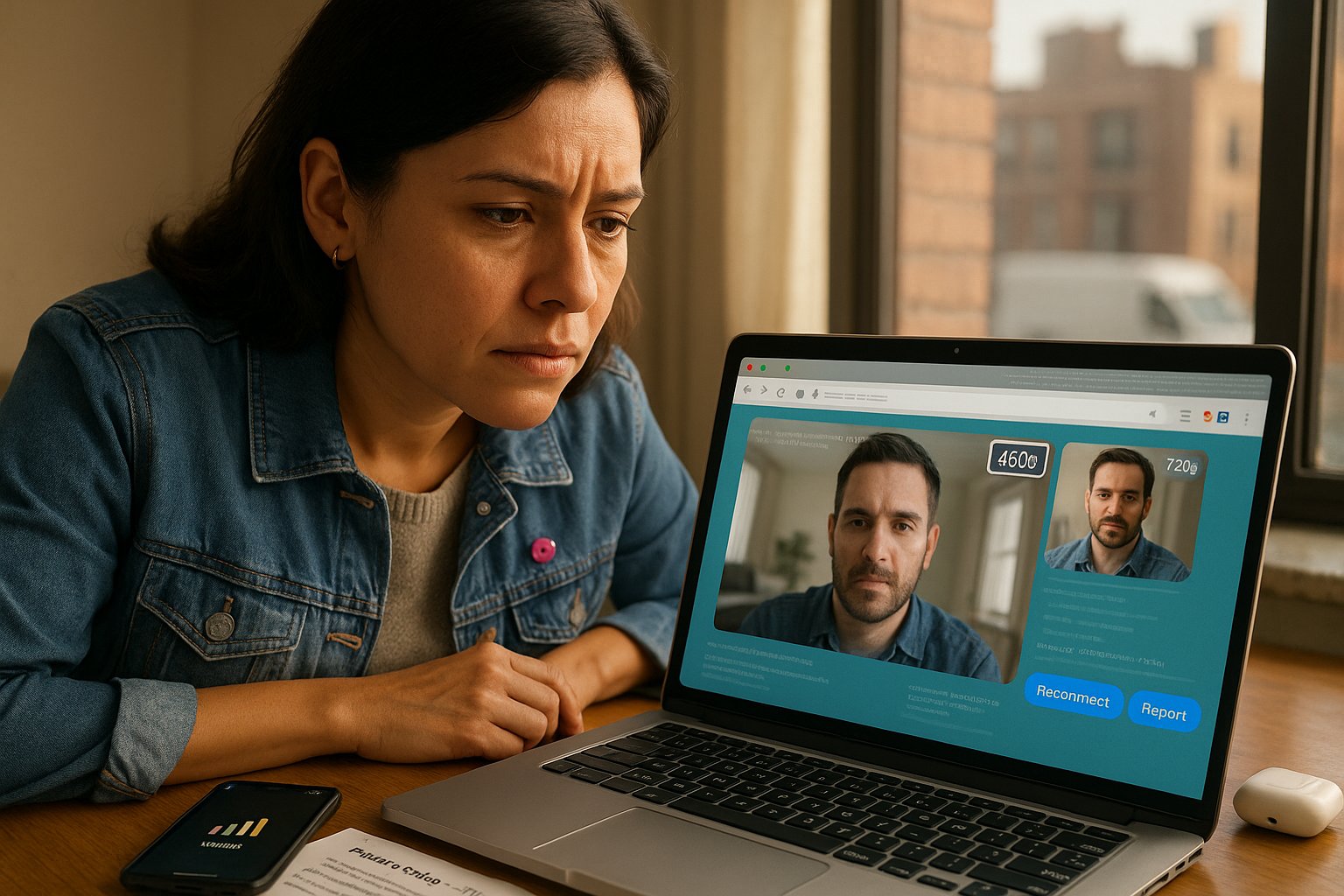 Person at laptop on a video call showing variable quality and privacy indicators.