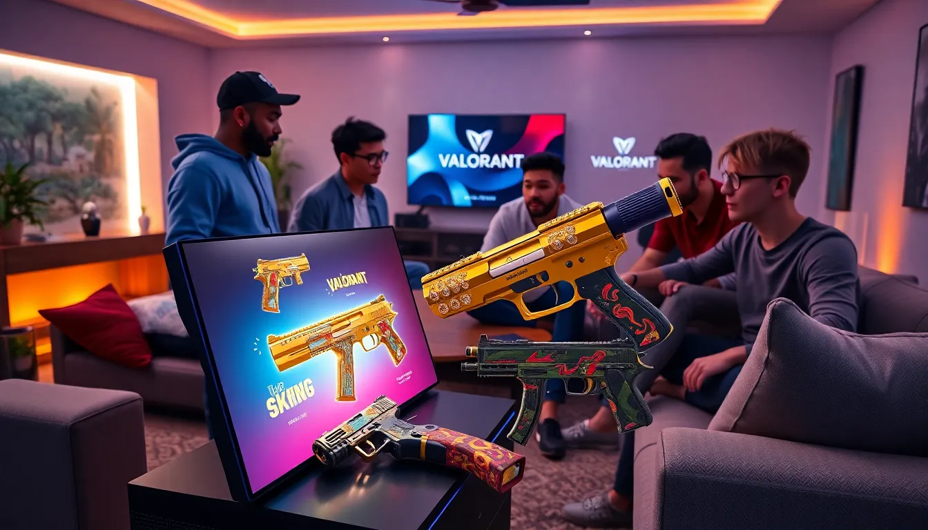 gamers admiring vibrant Valorant skins in a modern gaming setup.