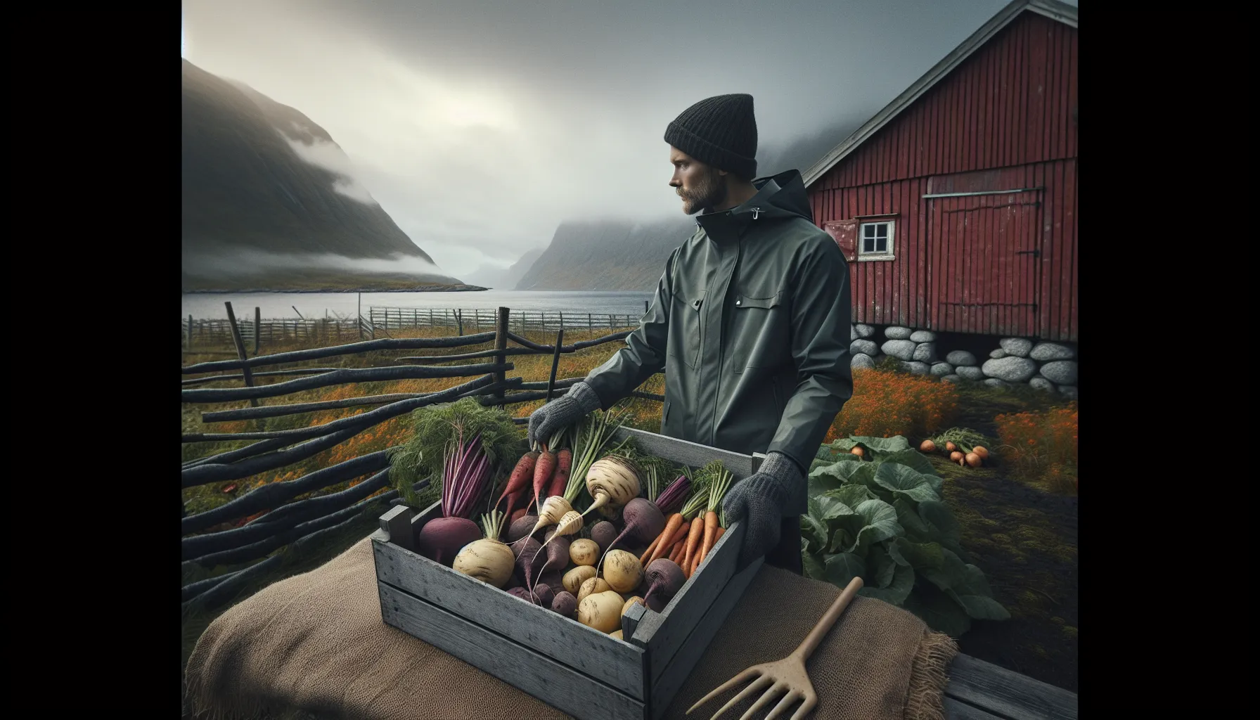 Norwegian farmer holding diverse heirloom root vegetables by a fjordside field.