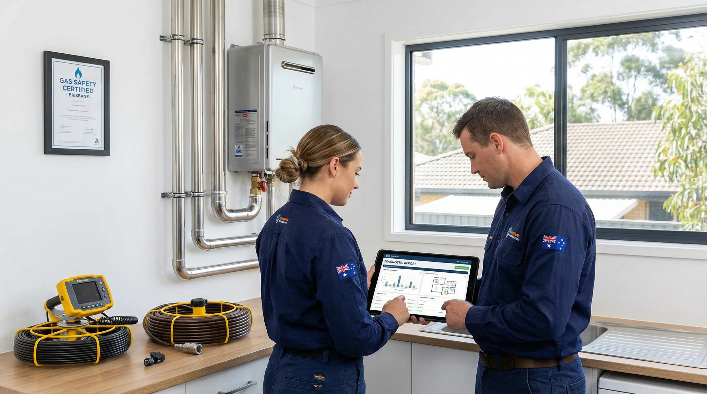 Professional plumbers working with tools and technology in a modern Brisbane setting.
