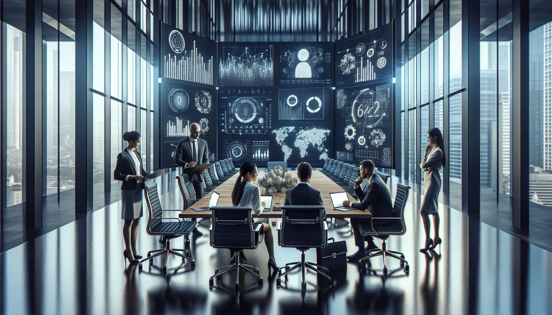 diverse professionals discussing telecommunications and finance in a modern office.