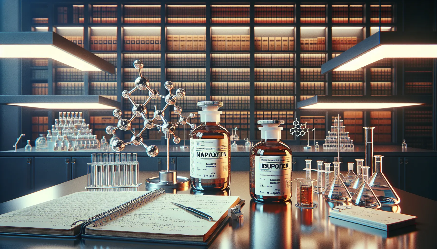 A scientific laboratory with naproxen and ibuprofen chemical bottles on a table.