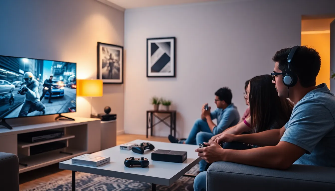 group of friends playing Battlefield 3 on Xbox 360 in a cozy living room.