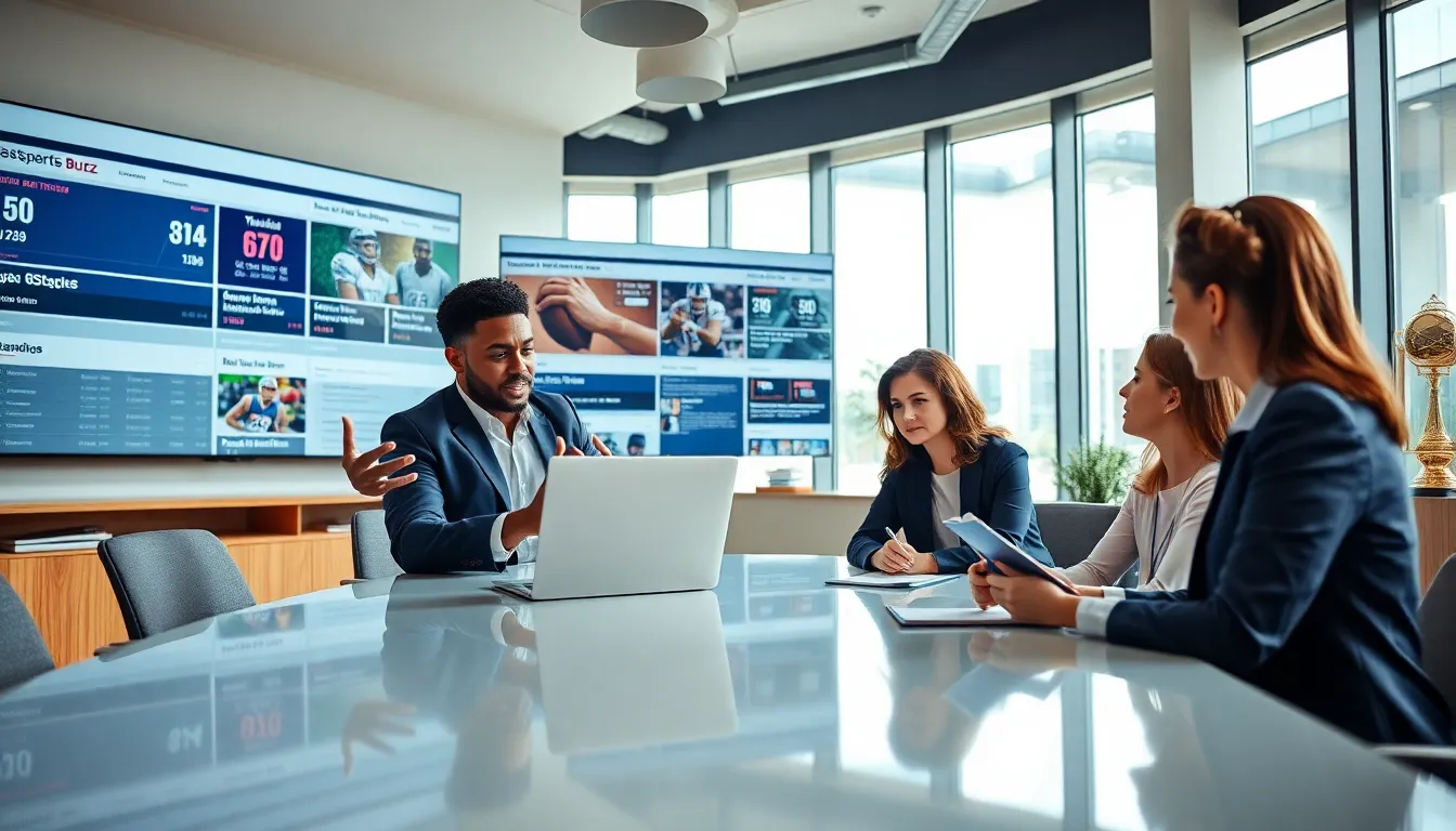 a diverse team in a modern office discussing sports topics around a conference table.