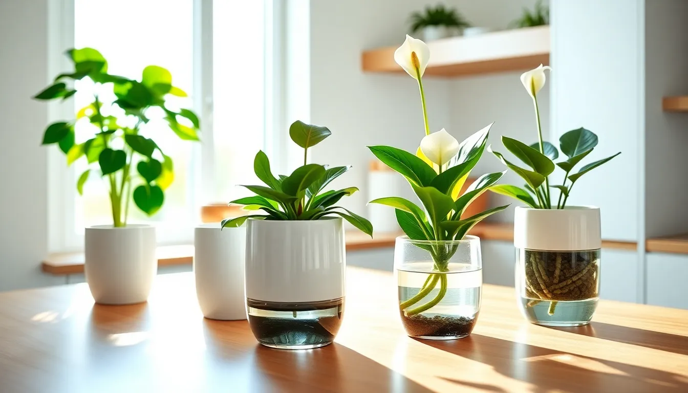 self-watering pots with house plants in a bright kitchen.