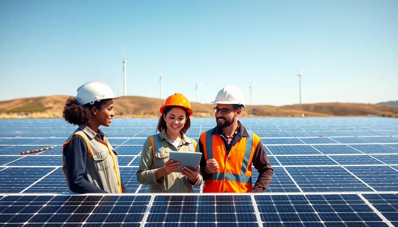 Engineers reviewing energy data at a solar farm with wind turbines in the background.