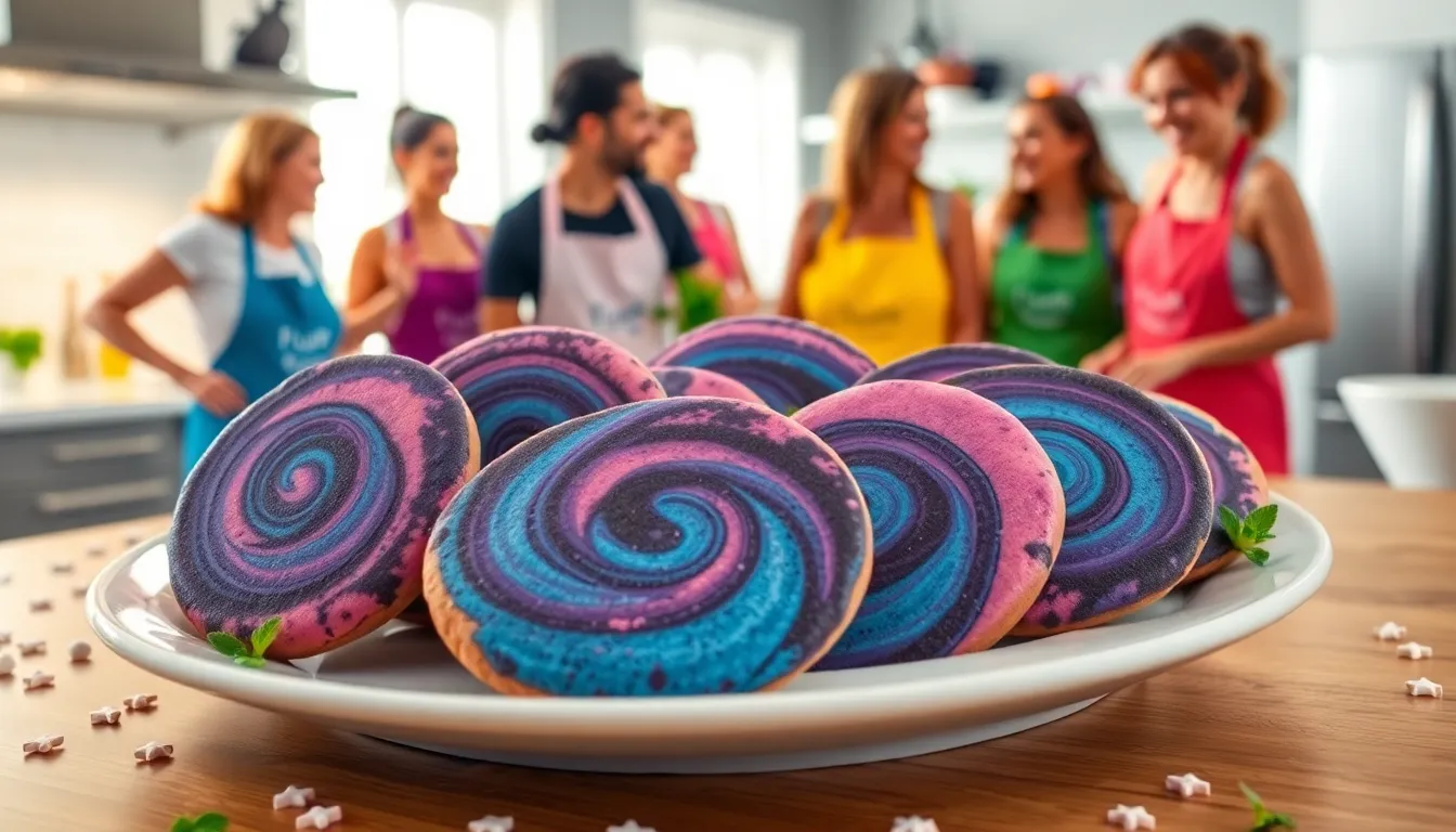 colorful cookies styled like nebulae on a plate in a modern kitchen.