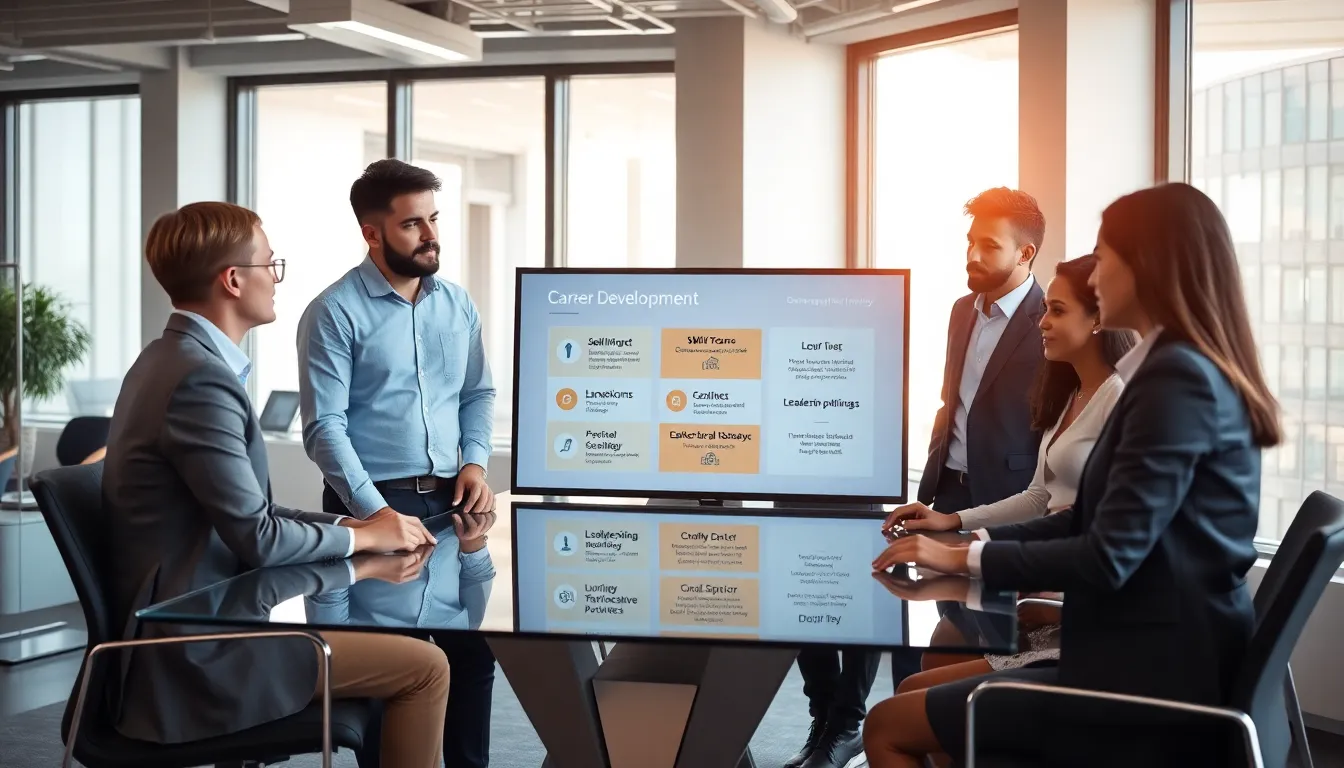 diverse team discussing career development goals in a modern office.