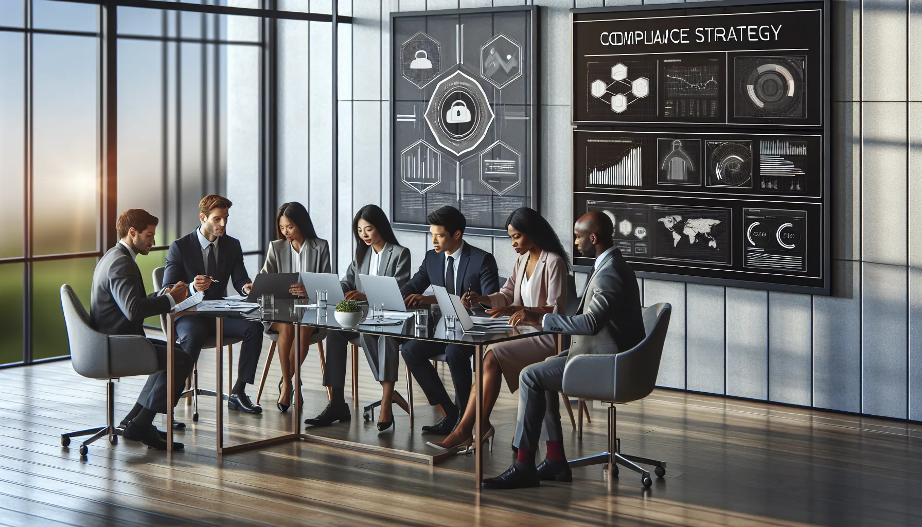 diverse team discussing compliance strategies in a modern office.