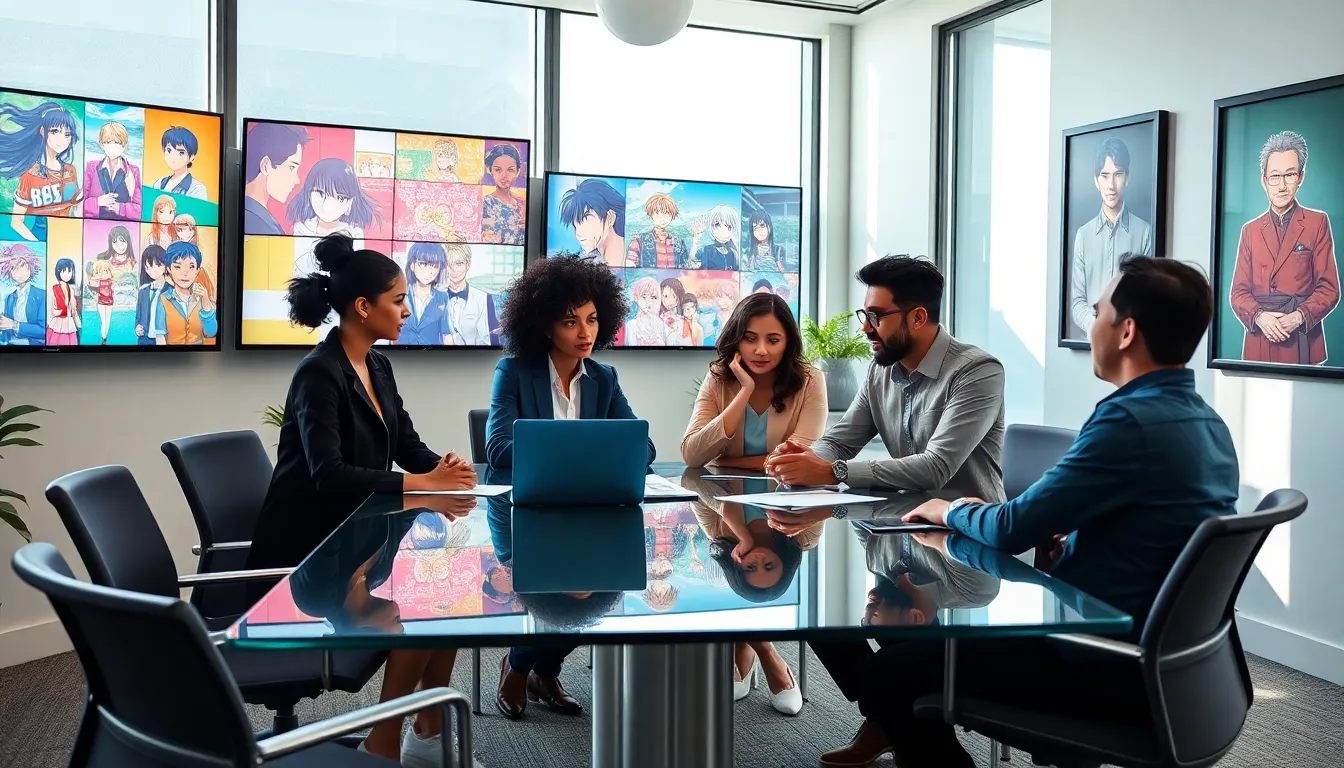 diverse team discussing anime and cultural identity in a modern office.