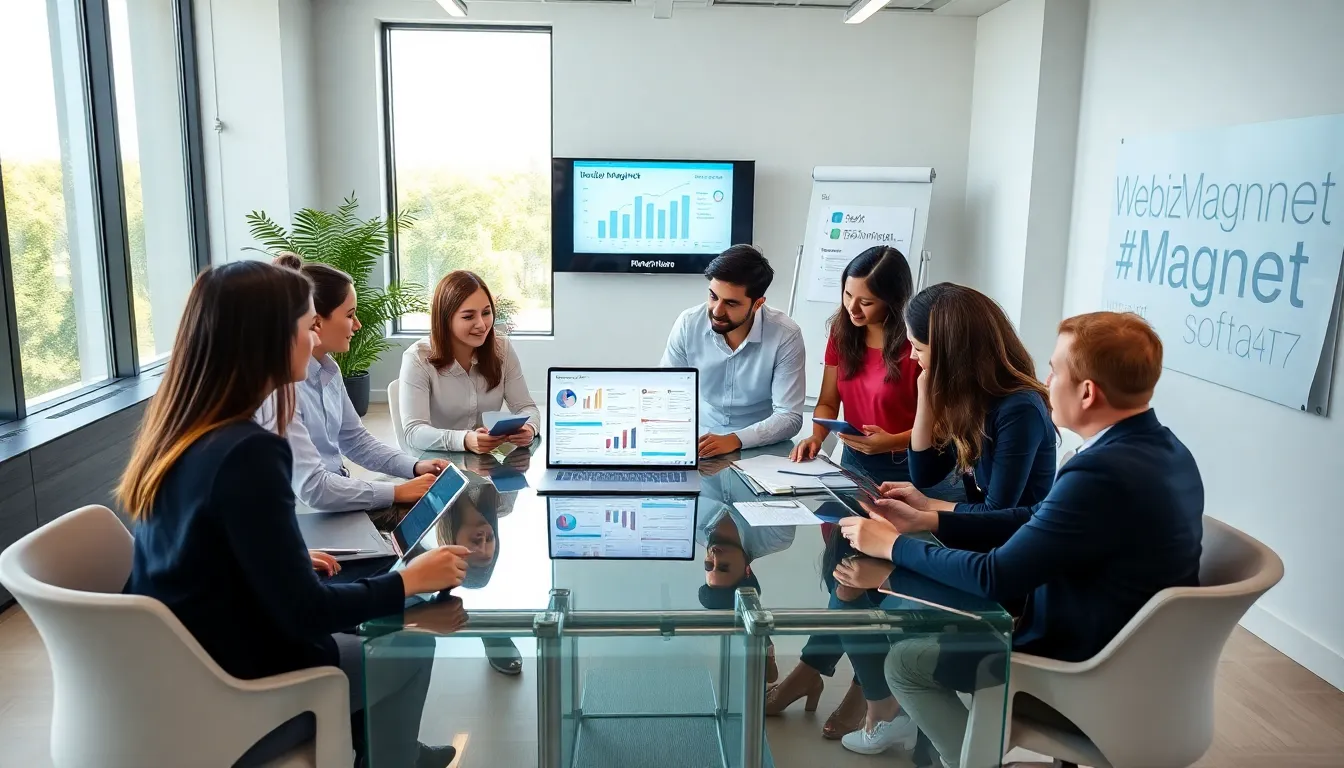 diverse team collaborating on software applications in a modern office.