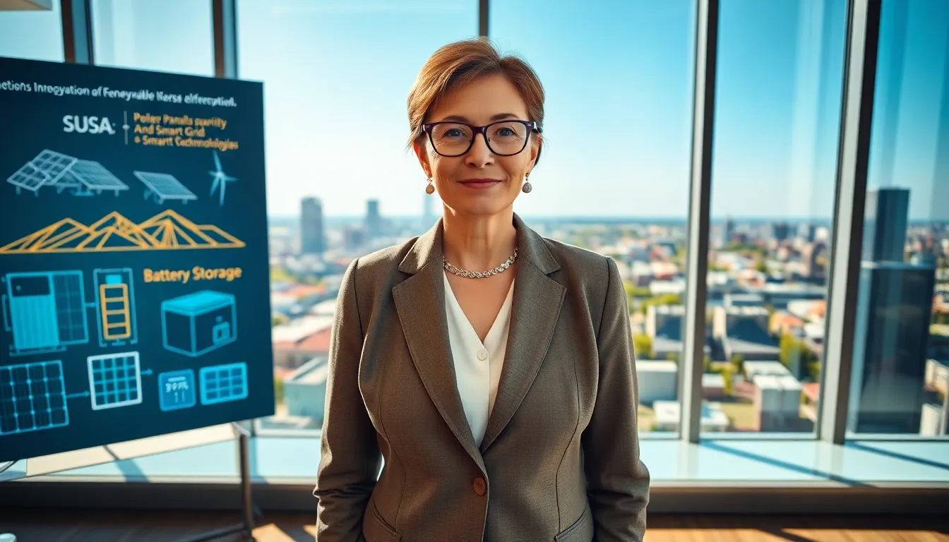 Peggy L. Carlton in a modern office with renewable energy displays.
