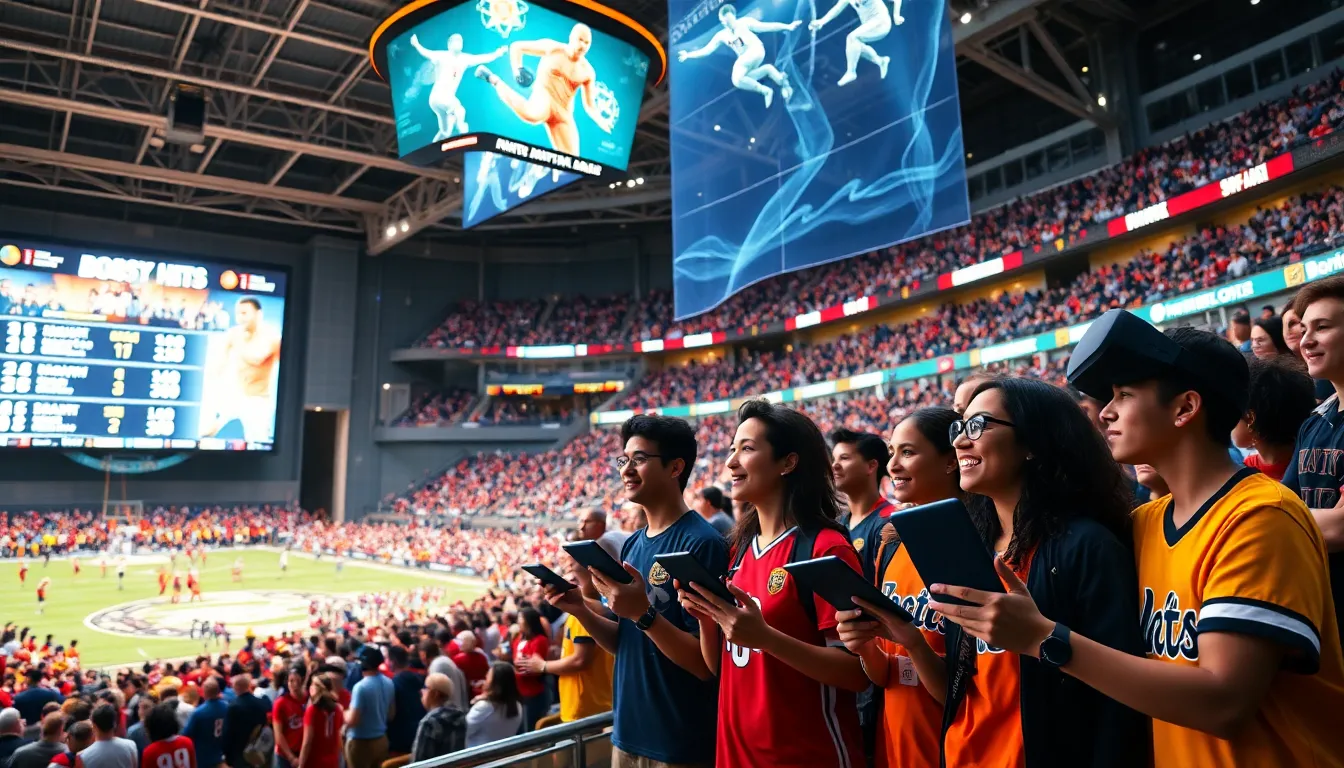 a modern sports arena filled with engaged fans and digital displays.