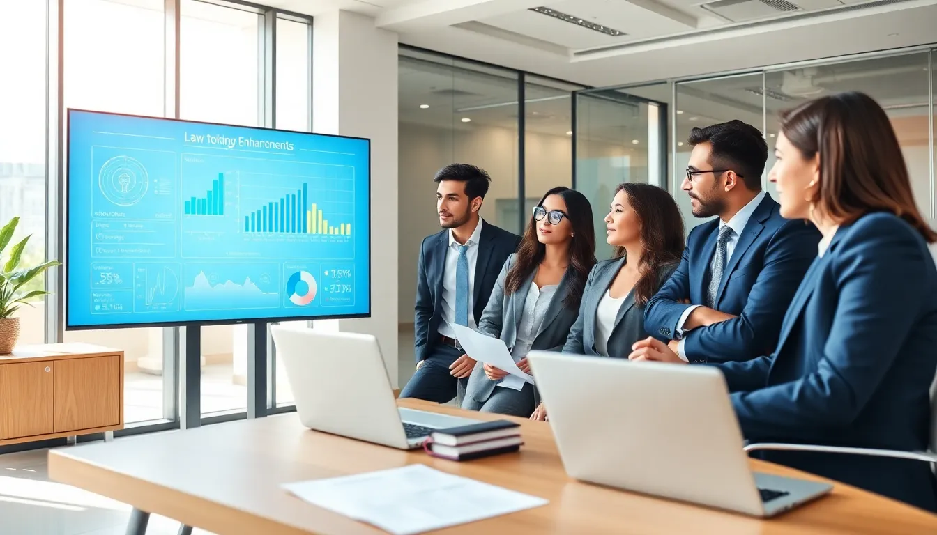 diverse legal professionals discussing law technology in a modern office.