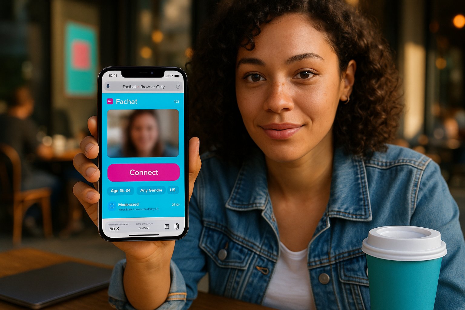 Young adult holding phone showing Fachat interface with branded cyan and fuchsia accents.
