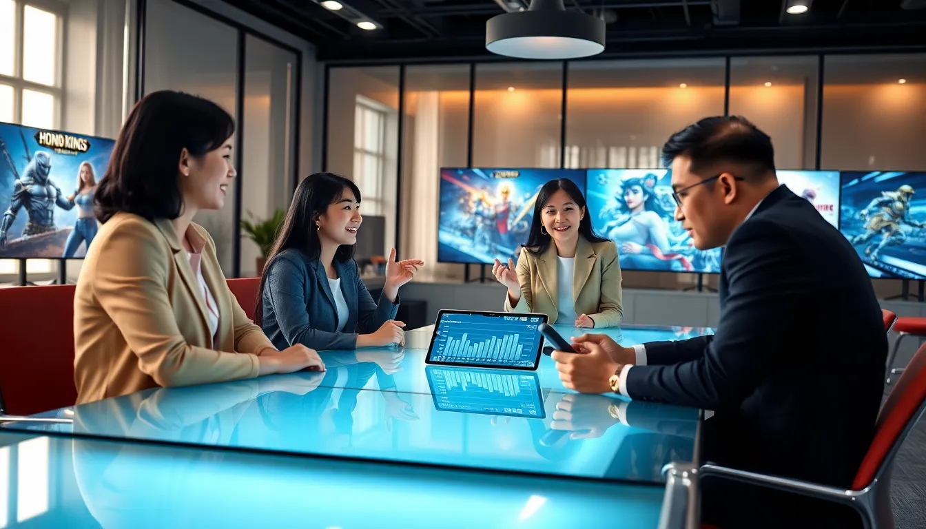 diverse team discussing gaming trends in a modern office.