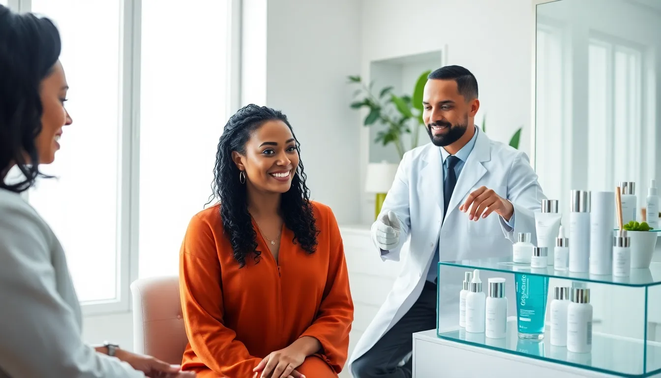 diverse professionals discussing skincare products in a modern clinic.