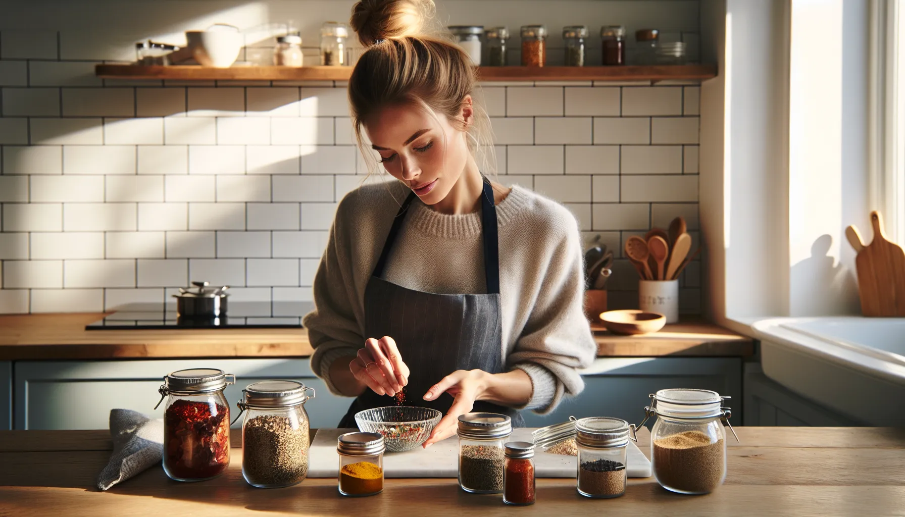 Norwegian home cook mixing colorful homemade spice blends in a bright kitchen.